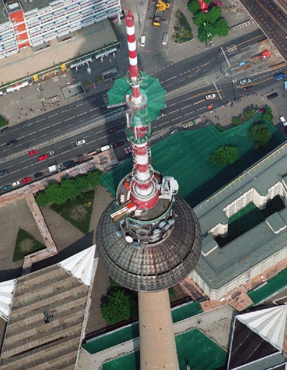 Berlin Mitte from above - Construction site for the extension and increase of the antenna carrier-mast on the ball of the Berlin TV Tower in Berlin - Mitte