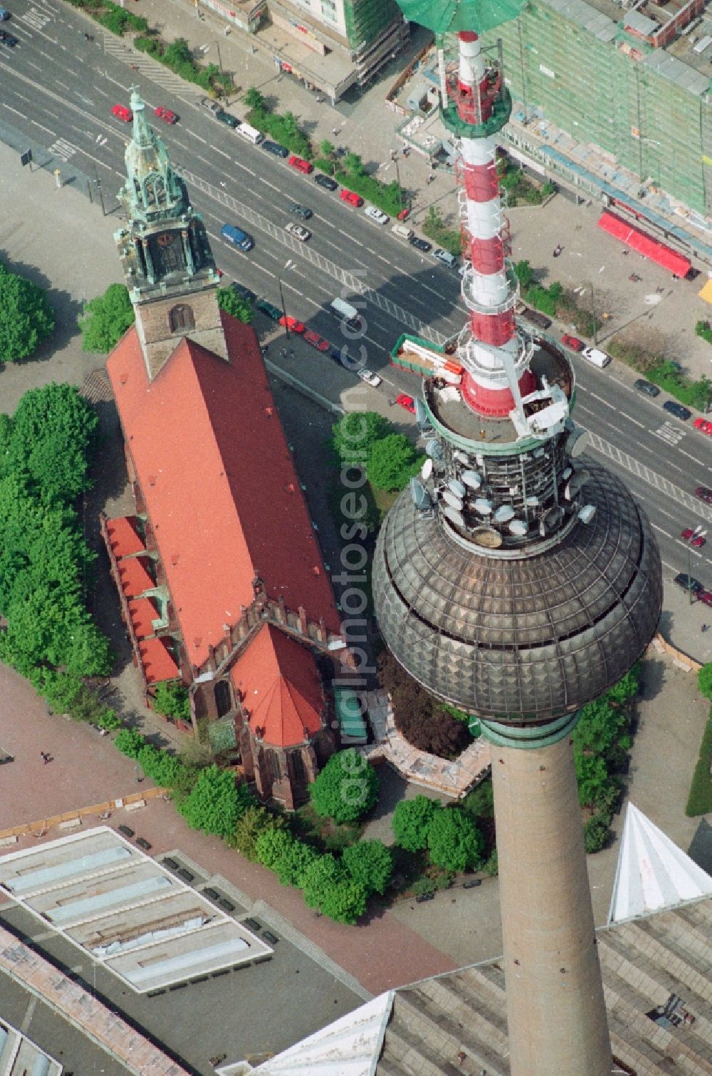 Aerial photograph Berlin Mitte - Construction site for the extension and increase of the antenna carrier-mast on the ball of the Berlin TV Tower in Berlin - Mitte