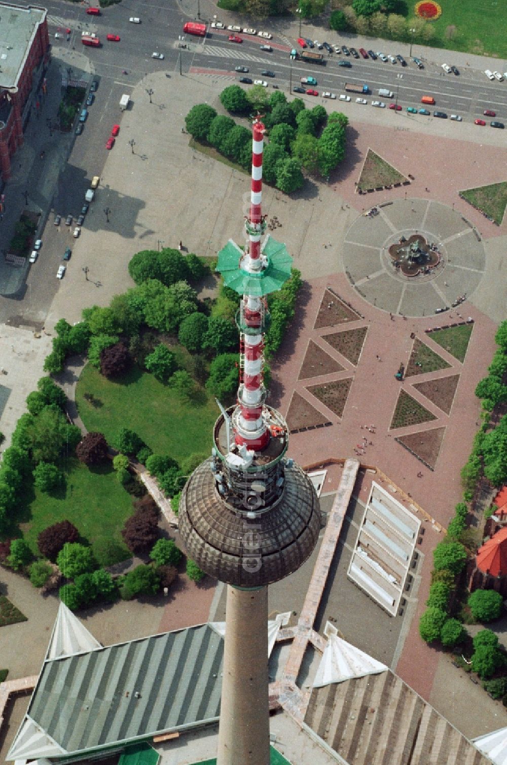 Berlin Mitte from above - Construction site for the extension and increase of the antenna carrier-mast on the ball of the Berlin TV Tower in Berlin - Mitte