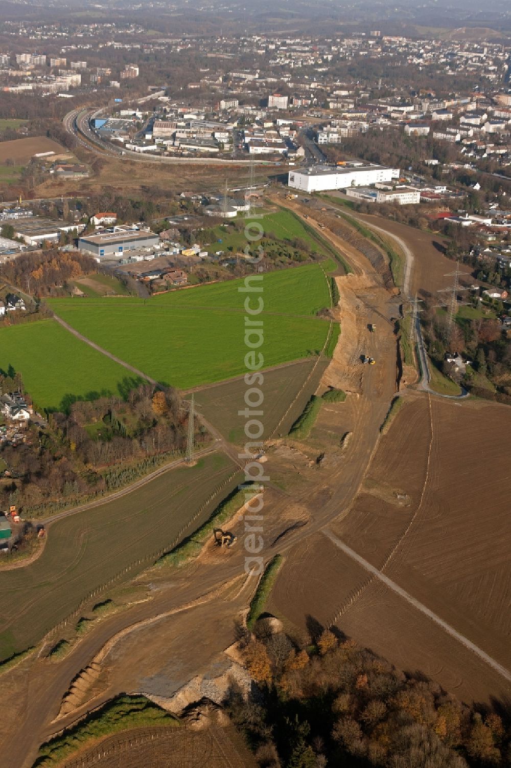 Velbert from above - Earthworks and excavation at the site for the expansion of the Federal Strassee 224 to the A40 motorway in Velbert in North Rhine-Westphalia