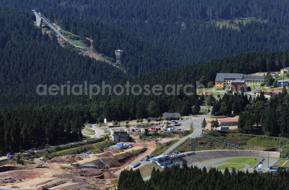 Oberhof from the bird's eye view: Construction site for the expansion and modernization of sports facilities - ski jumping facility at Kanzlersgrund in Oberhof in Thuringia