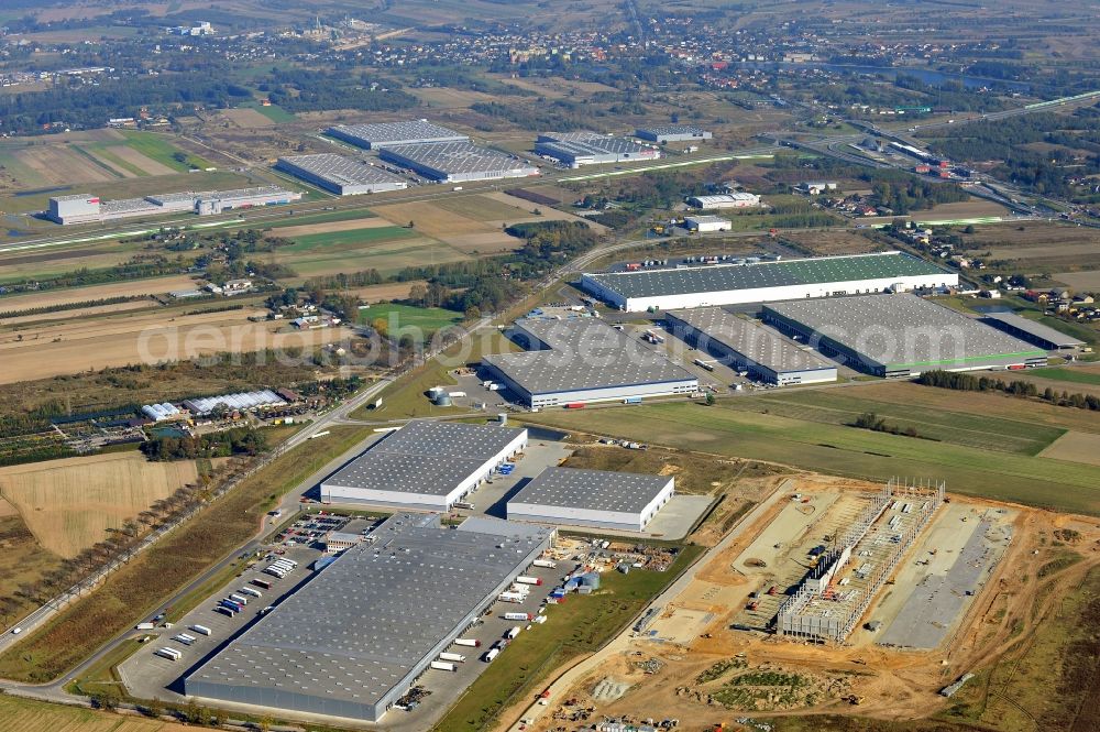 Strykow from above - View of a construction site for the expansion of warehouse and production space Tulipan Park in Strykow in the Lodz