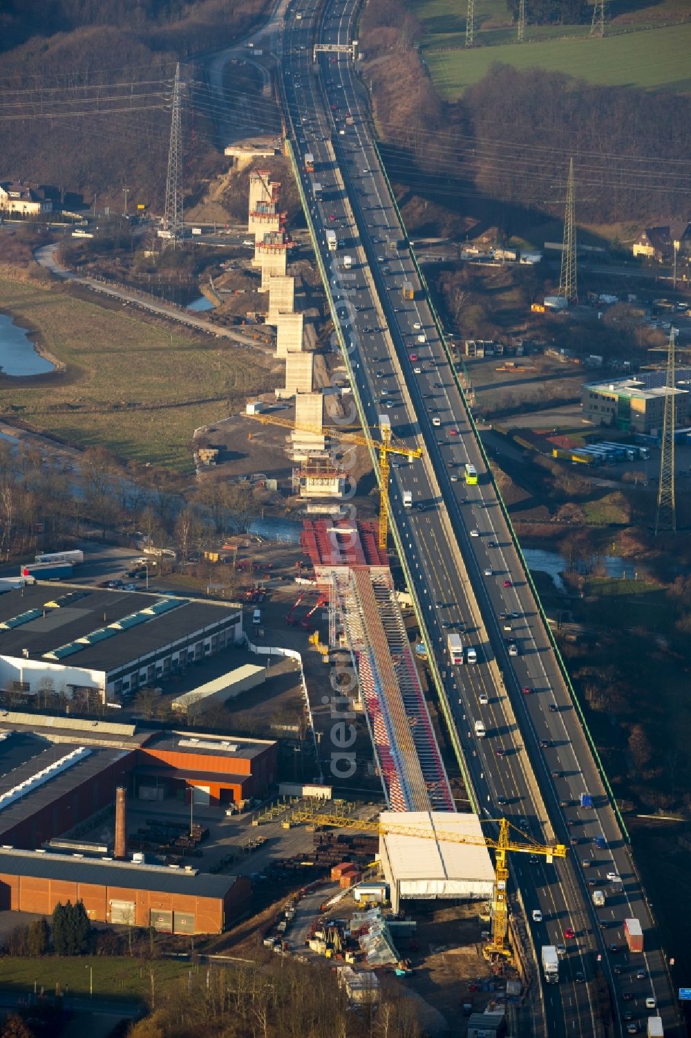 Aerial photograph Hagen - Construction site for the modernization of the Ruhr bridge the BAB motorway A46 in Hagen in North Rhine-Westphalia