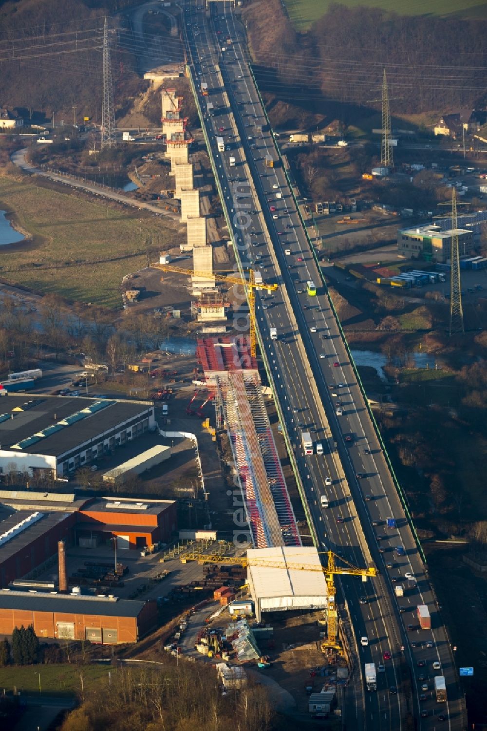 Hagen from above - Construction site for the modernization of the Ruhr bridge the BAB motorway A46 in Hagen in North Rhine-Westphalia