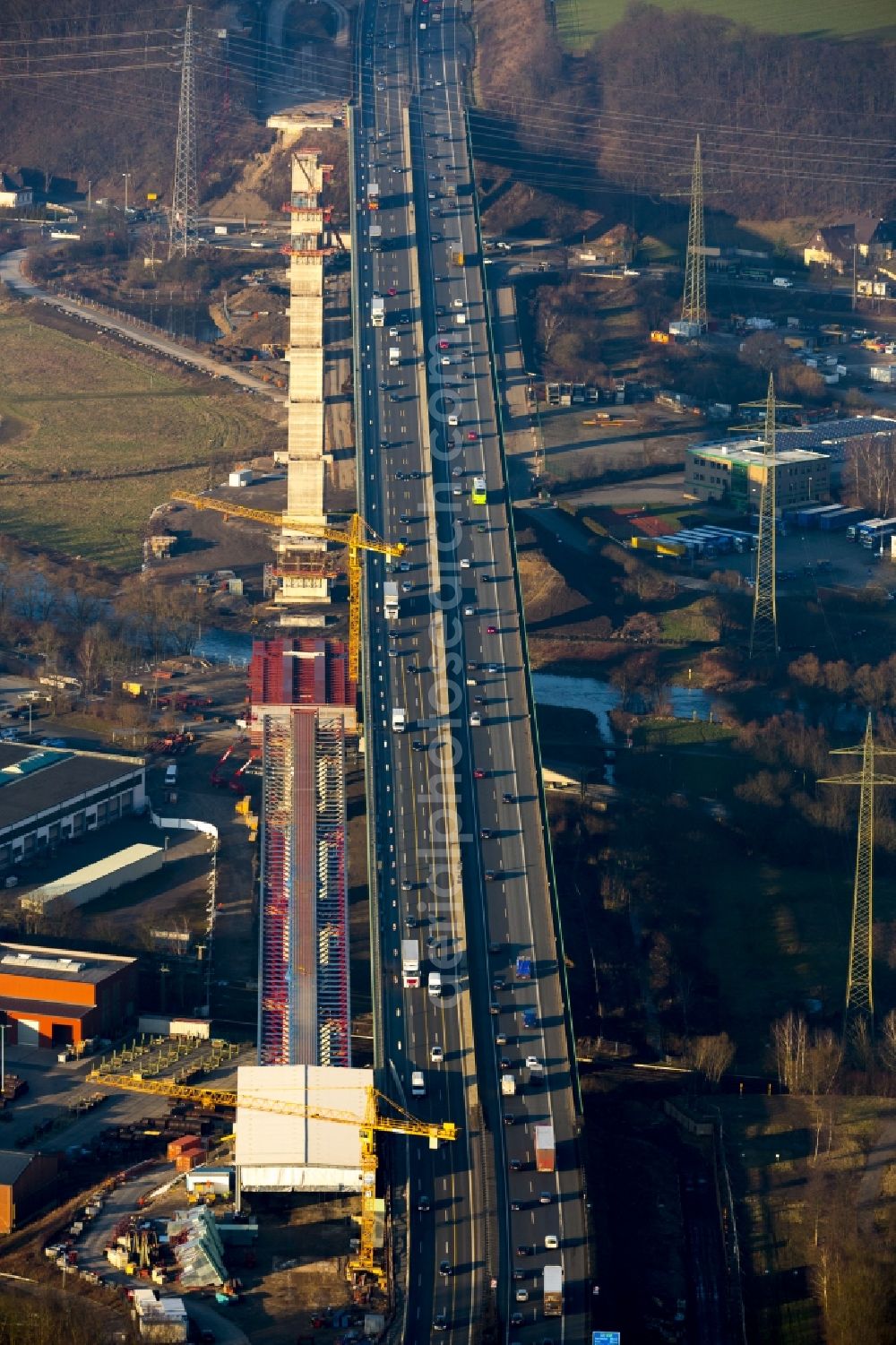 Hagen from the bird's eye view: Construction site for the modernization of the Ruhr bridge the BAB motorway A46 in Hagen in North Rhine-Westphalia