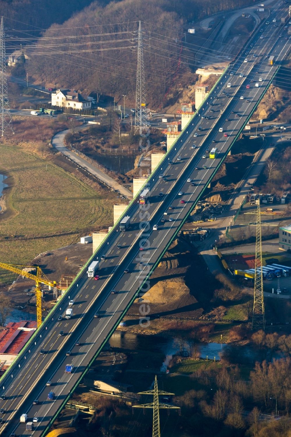 Aerial photograph Hagen - Construction site for the modernization of the Ruhr bridge the BAB motorway A46 in Hagen in North Rhine-Westphalia