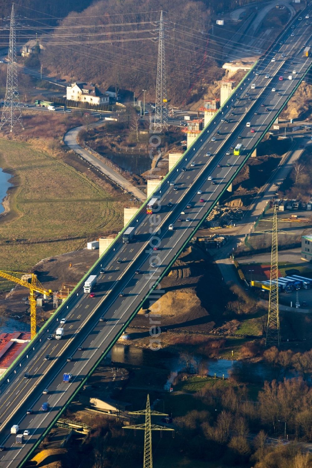 Hagen from above - Construction site for the modernization of the Ruhr bridge the BAB motorway A46 in Hagen in North Rhine-Westphalia