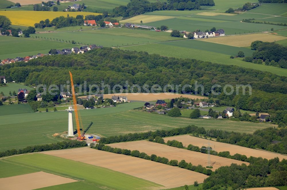 Aerial photograph Dortmund Bövinghausen - Construction site for installation of a wind turbine - Wind turbine at Boevinghausen, a district of Dortmund in North Rhine-Westphalia