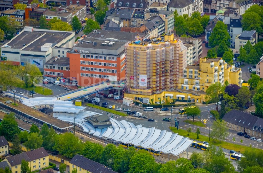 Essen from above - Construction site for the renovation and modernization of the senior citizen Kaiser-Otto-Residenz on Passstrasse ecke Brinkerplatz in the district Steele in Essen at Ruhrgebiet in the state North Rhine-Westphalia, Germany