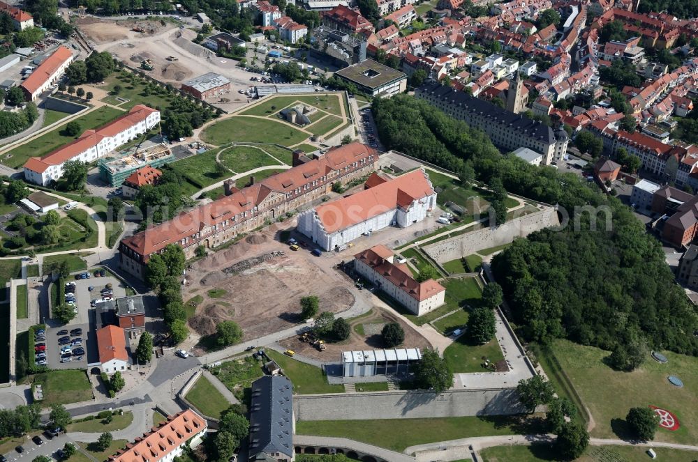 Aerial image Erfurt - Construction site for the restoration of the Peterskirche for the Federal Garden Show 2021 on the Petersberg in Erfurt in the state of Thuringia, Germany