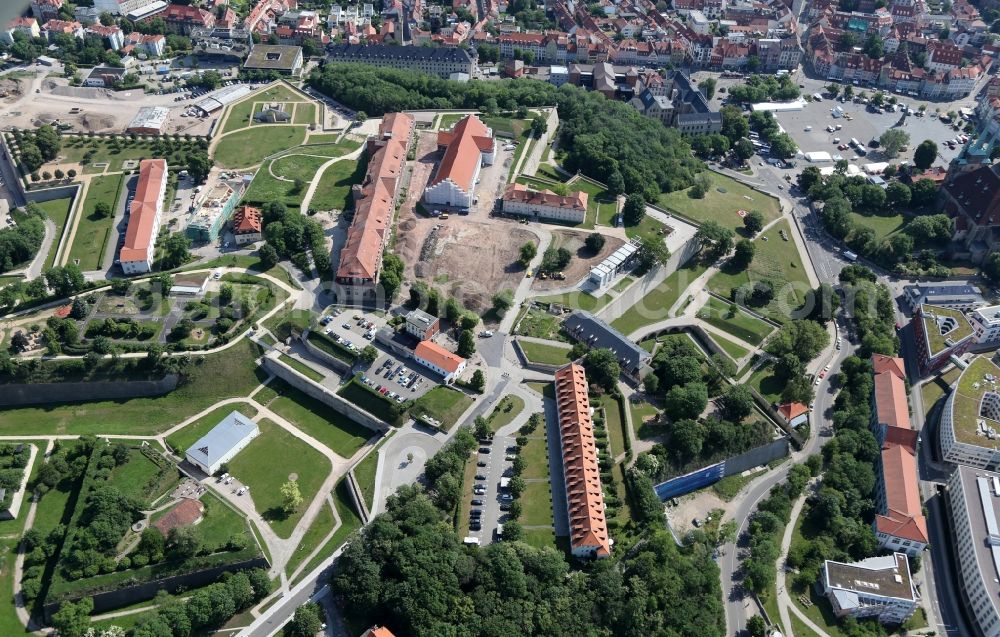 Aerial photograph Erfurt - Construction site for the restoration of the Peterskirche for the Federal Garden Show 2021 on the Petersberg in Erfurt in the state of Thuringia, Germany