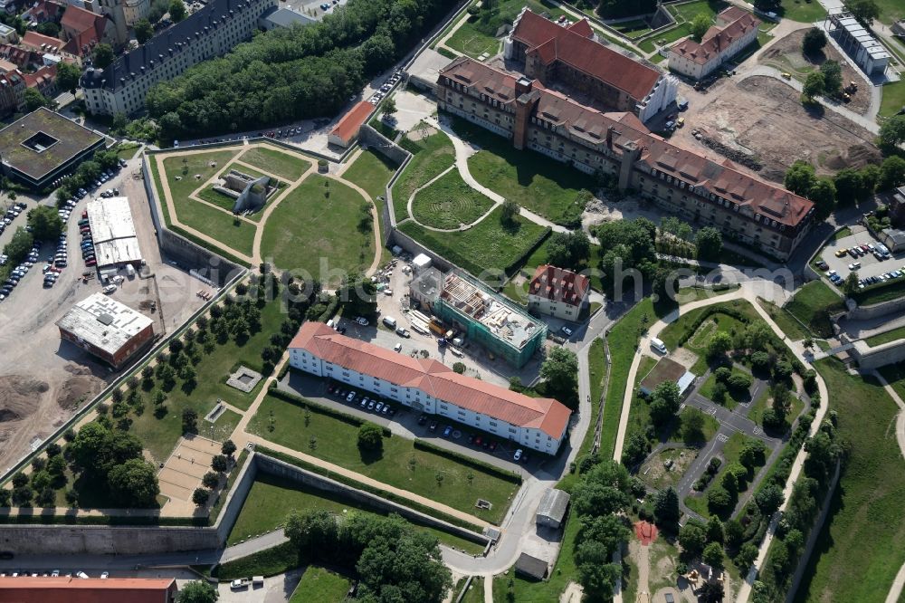 Erfurt from the bird's eye view: Construction site for the restoration of the Peterskirche for the Federal Garden Show 2021 on the Petersberg in Erfurt in the state of Thuringia, Germany