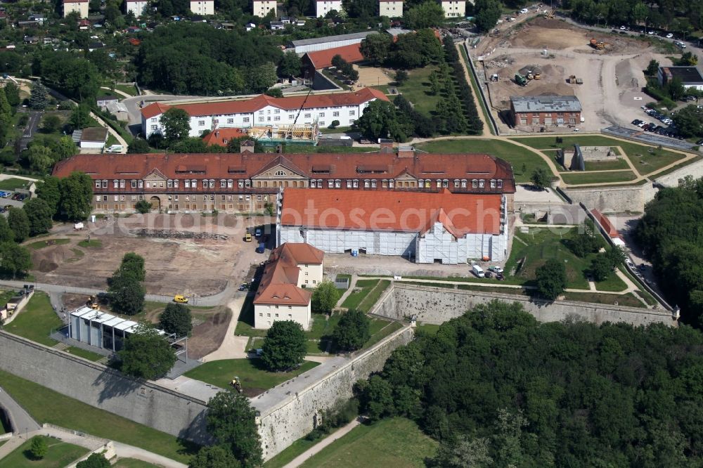 Aerial image Erfurt - Construction site for the restoration of the Peterskirche for the Federal Garden Show 2021 on the Petersberg in Erfurt in the state of Thuringia, Germany