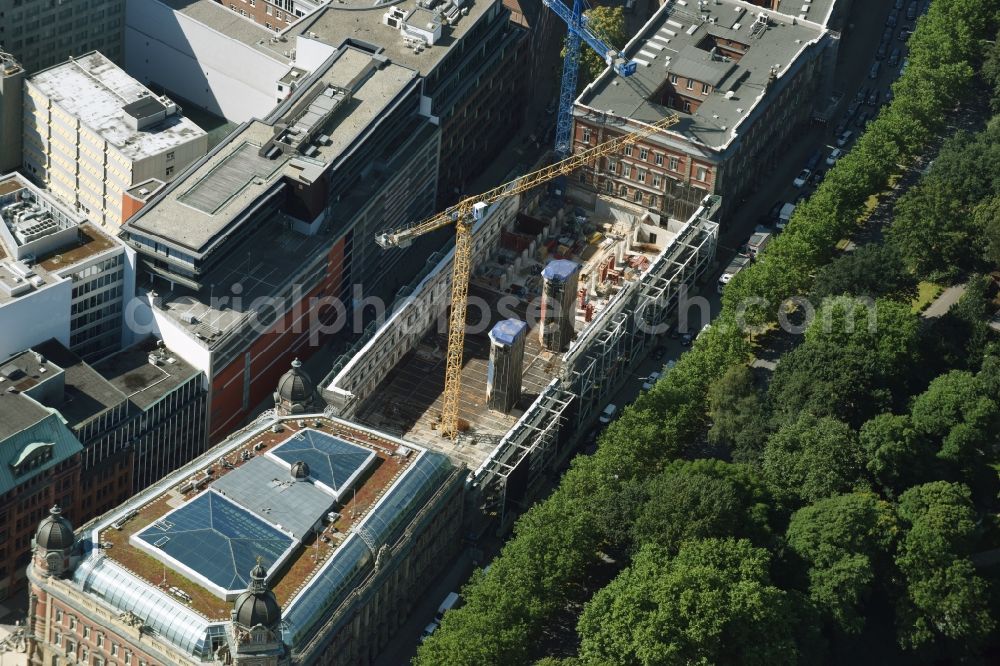 Aerial image Hamburg - Construction site for the redevelopment of the historical post office complex Alte Post am Stephansplatz in Hamburg. The historical complex is being redeveloped and regenerated and new office and commercial units of Work Life Center are being built