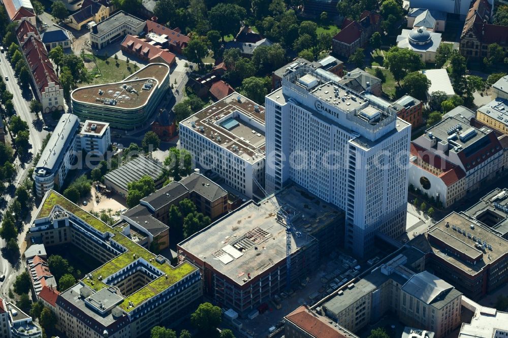 Aerial image Berlin - Construction site for the renovation of a building on the clinic premises of the hospital CHARITE on Luisenstrasse corner Hannoversche Strasse in the district Mitte in Berlin, Germany