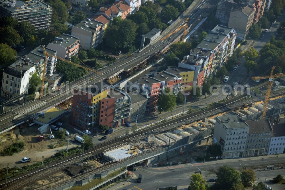 Aerial image Berlin - Construction for the renovation of the railway bridge building to route the train tracks an der Karlshorster Strasse in Berlin in Germany