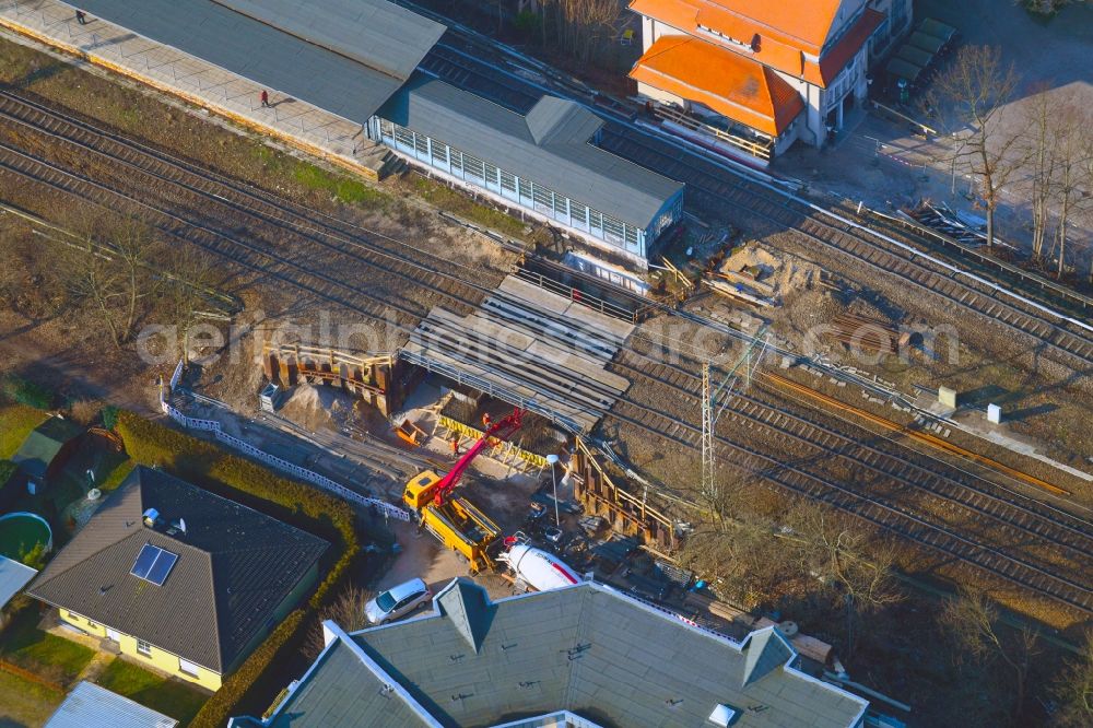 Zepernick from above - Construction for the renovation of the railway bridge building to route the train tracks of station Roentgental on Heinestrasse in Zepernick in the state Brandenburg, Germany