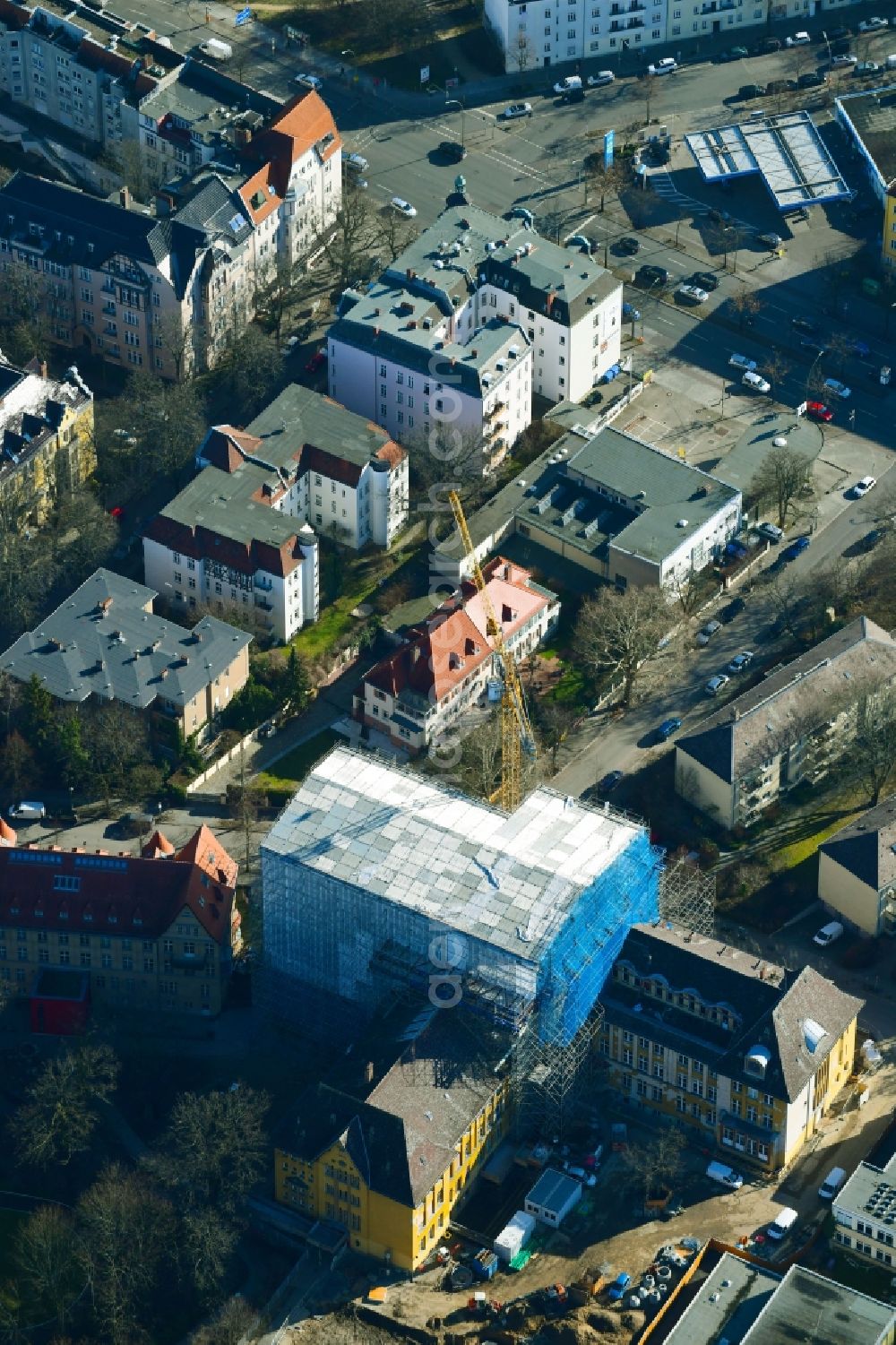 Berlin from above - Construction for the reconstruction of Fichtenberg-Oberschule on Rothenburgstrasse in the district Steglitz in Berlin, Germany