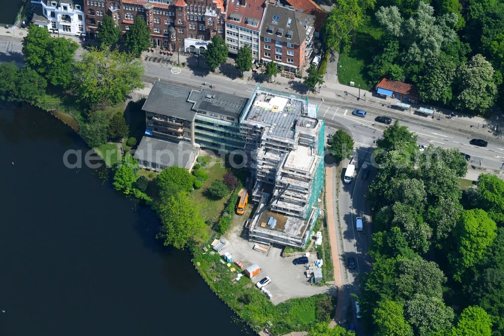 Lübeck from above - Construction site for the renovation of the hotel complex Hotel Am Muehlenteich on Muehlenbruecke in Luebeck in the state Schleswig-Holstein, Germany