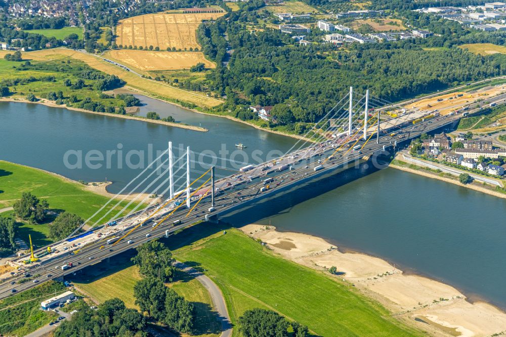 Duisburg from the bird's eye view: Construction site for the rehabilitation and repair of the motorway bridge construction Rheinbruecke Duisburg-Neuenkamp on street Brueckenstrasse in the district Homberg in Duisburg at Ruhrgebiet in the state North Rhine-Westphalia, Germany