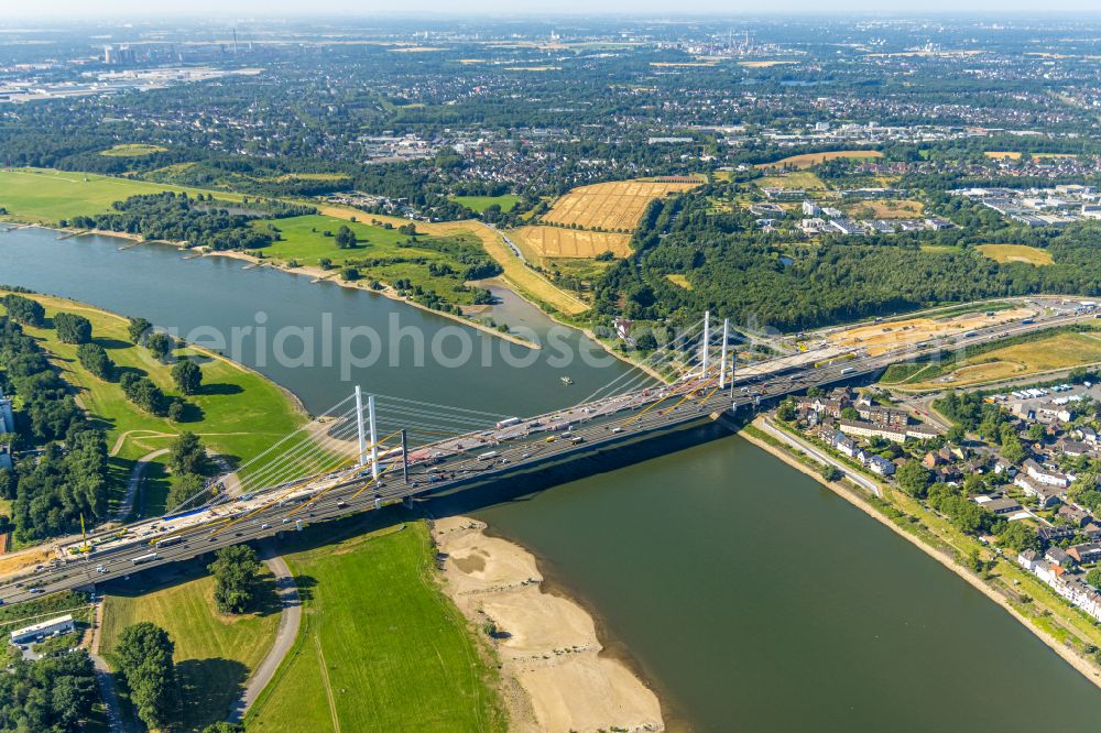 Aerial image Duisburg - Construction site for the rehabilitation and repair of the motorway bridge construction Rheinbruecke Duisburg-Neuenkamp on street Brueckenstrasse in the district Homberg in Duisburg at Ruhrgebiet in the state North Rhine-Westphalia, Germany