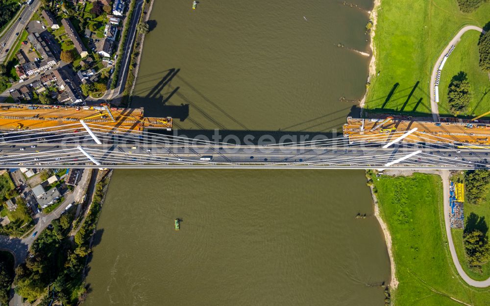 Duisburg from the bird's eye view: Construction site for the rehabilitation and repair of the motorway bridge construction Rheinbruecke Duisburg-Neuenkamp on street Brueckenstrasse in the district Homberg in Duisburg at Ruhrgebiet in the state North Rhine-Westphalia, Germany