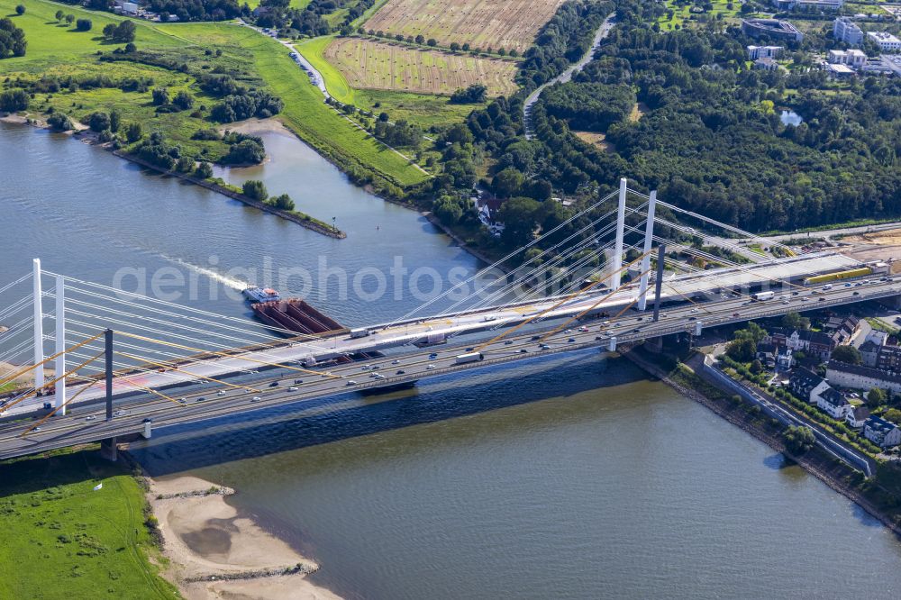 Aerial image Duisburg - Construction site for the rehabilitation and repair of the motorway bridge construction Rheinbruecke Duisburg-Neuenkamp on street Brueckenstrasse in the district Homberg in Duisburg at Ruhrgebiet in the state North Rhine-Westphalia, Germany