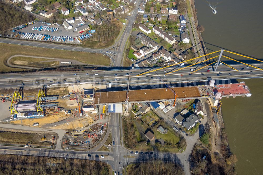 Aerial image Duisburg - Construction site for the rehabilitation and repair of the motorway bridge construction Rheinbruecke Duisburg-Neuenkamp in the district Homberg in Duisburg at Ruhrgebiet in the state North Rhine-Westphalia, Germany