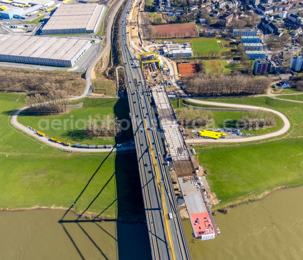 Duisburg from above - Construction site for the rehabilitation and repair of the motorway bridge construction Rheinbruecke Duisburg-Neuenkamp in the district Homberg in Duisburg at Ruhrgebiet in the state North Rhine-Westphalia, Germany