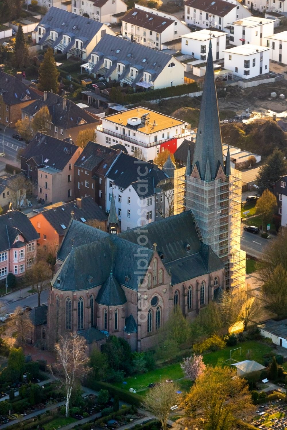 Aerial image Herne - Construction site for the renovation of the church building of the St. Peter and Paul in Herne in the federal state of North Rhine-Westphalia, Germany