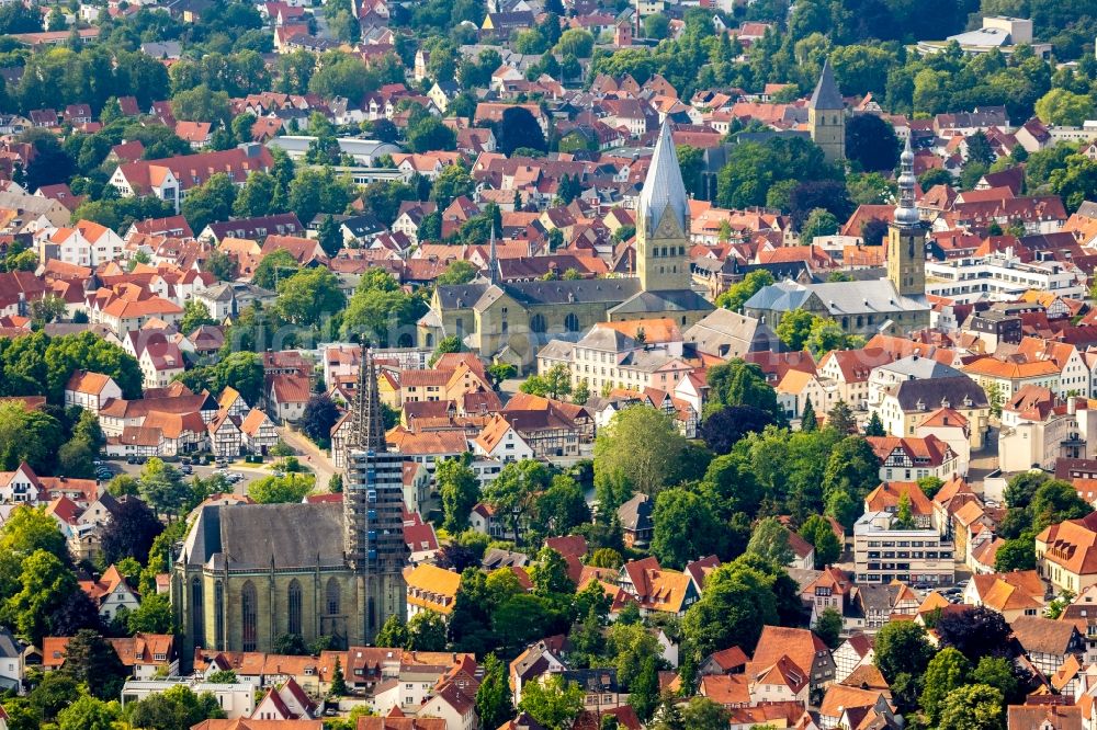 Soest from above - Construction site for renovation at the church building of the Sankt Maria zur Wiese in Soest in the federal state of North Rhine-Westphalia, Germany