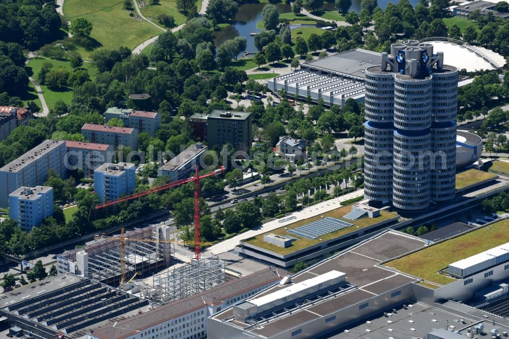 München from the bird's eye view: Construction site for the new building eines Parkhaus on Firmengelaende of BMW AG on Dostlerstrasse in Munich in the state Bavaria, Germany