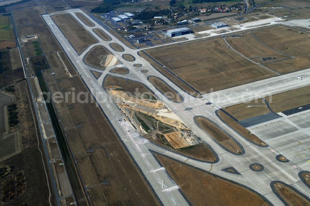 Schönefeld from above - Construction site for the rehabilitation of the southern runway on the airport grounds of BER Airport in Schoenefeld in the state of Brandenburg, Germany