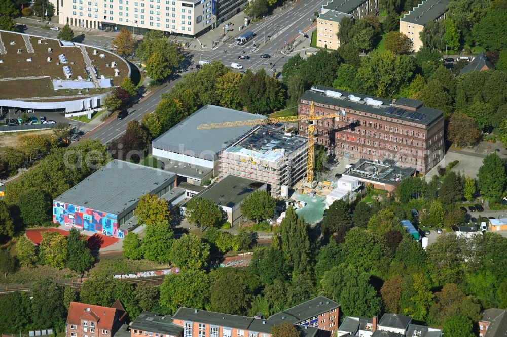 Hamburg from above - Construction site for the renovation and new building of the sports hall between Steinhauerdamm and Angerstrasse in the district Hohenfelde in Hamburg, Germany