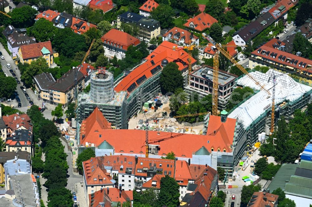 München from above - Construction for the reconstruction of Staatl. Maximiliansgymnasium Muenchen on Karl-Theodor-Strasse in Munich in the state Bavaria, Germany