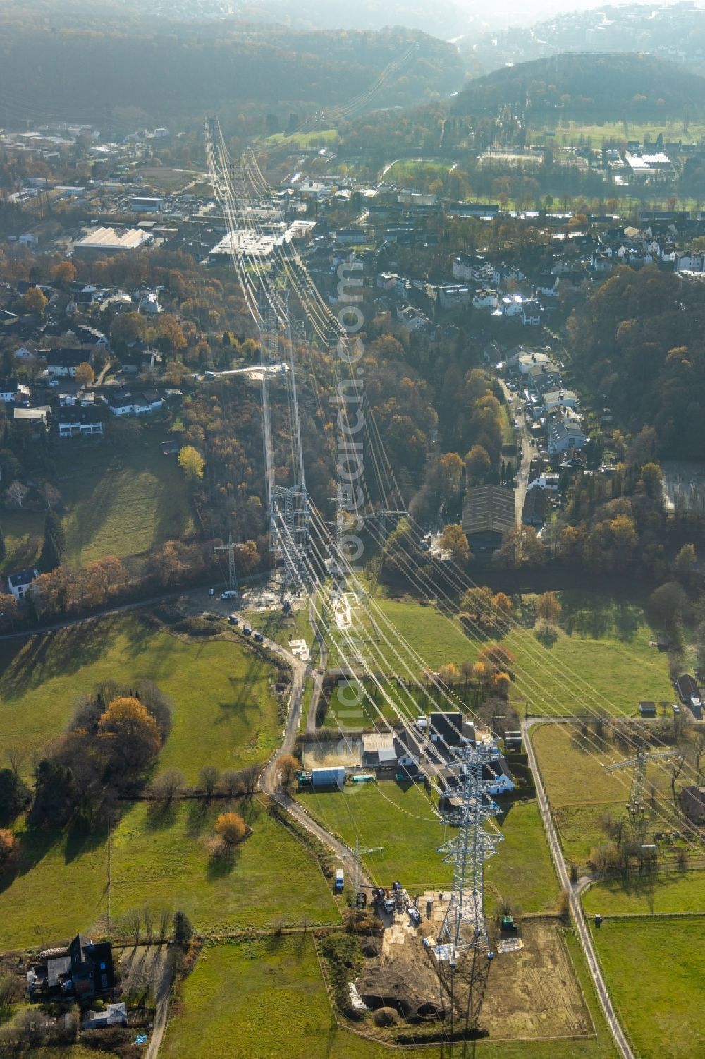 Herdecke from above - Construction on electric pole installation in the district Ende in Herdecke in the state North Rhine-Westphalia, Germany