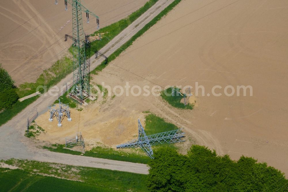 Aerial image Rosdorf - Construction on electric pole installation in Rosdorf in the state Lower Saxony, Germany