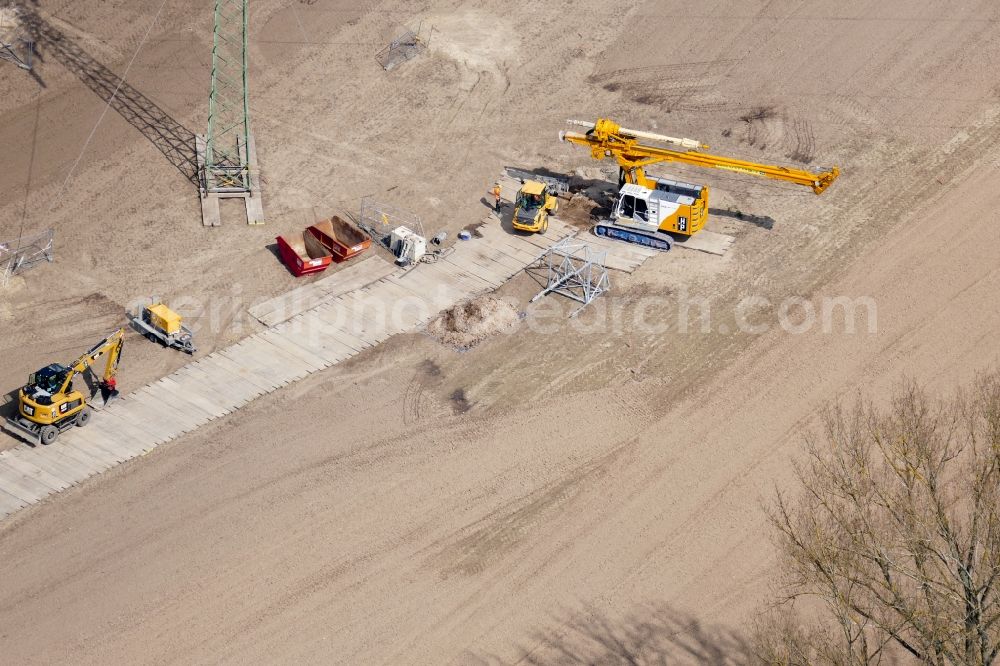 Aerial image Rosdorf - Construction on electric pole installation in Rosdorf in the state Lower Saxony, Germany