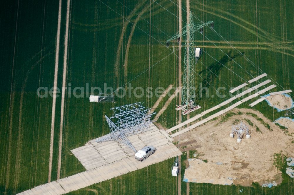 Aerial photograph Rosdorf - Construction on electric pole installation in Rosdorf in the state Lower Saxony, Germany