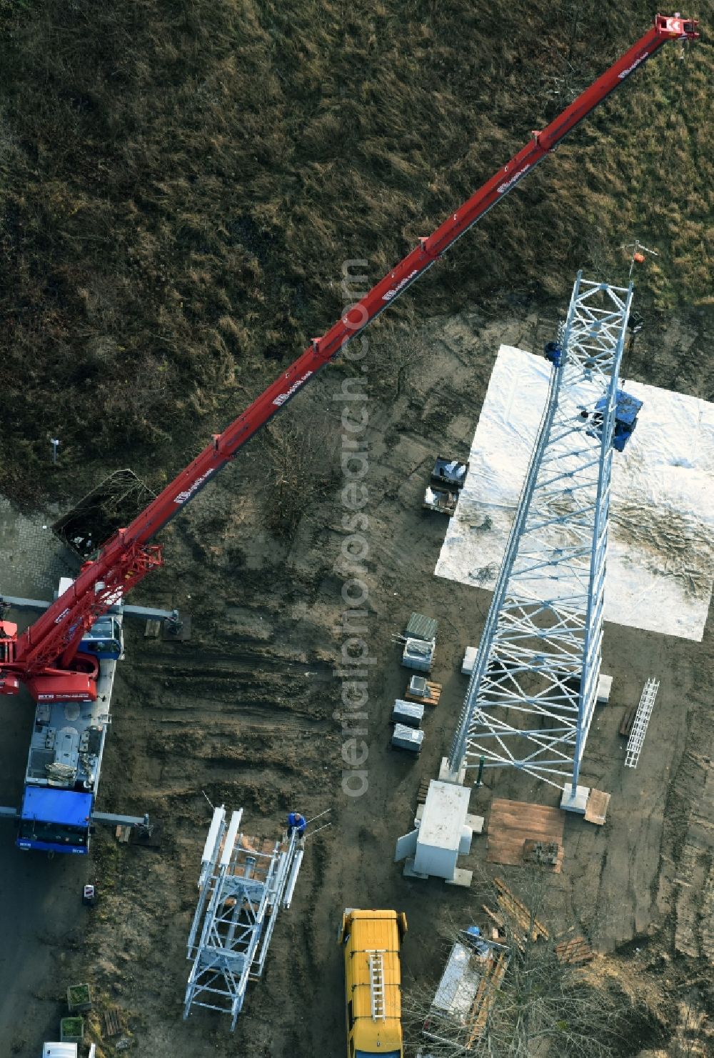 Werneuchen from the bird's eye view: Construction on electric pole installation in Werneuchen in the state Brandenburg