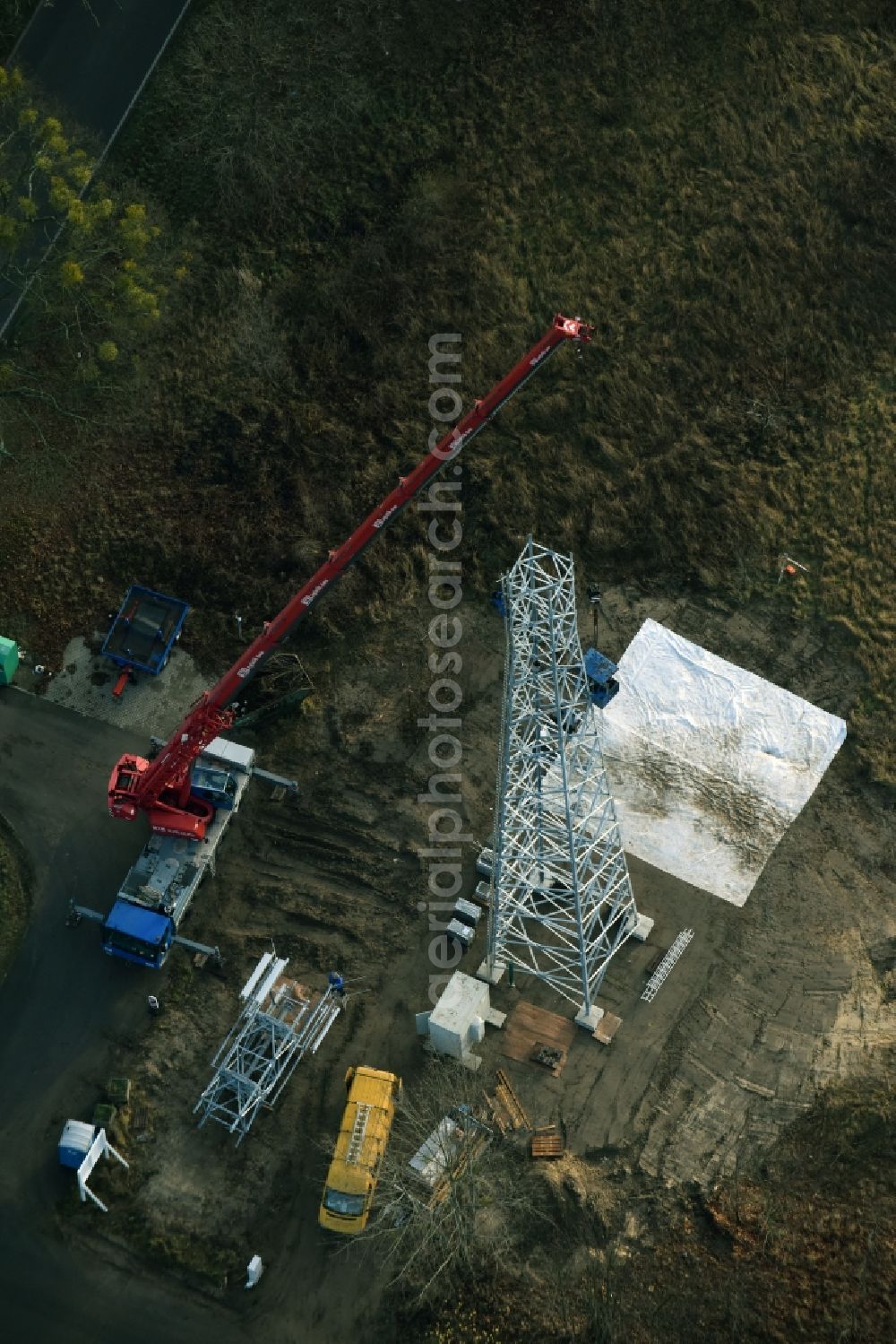 Aerial photograph Werneuchen - Construction on electric pole installation in Werneuchen in the state Brandenburg