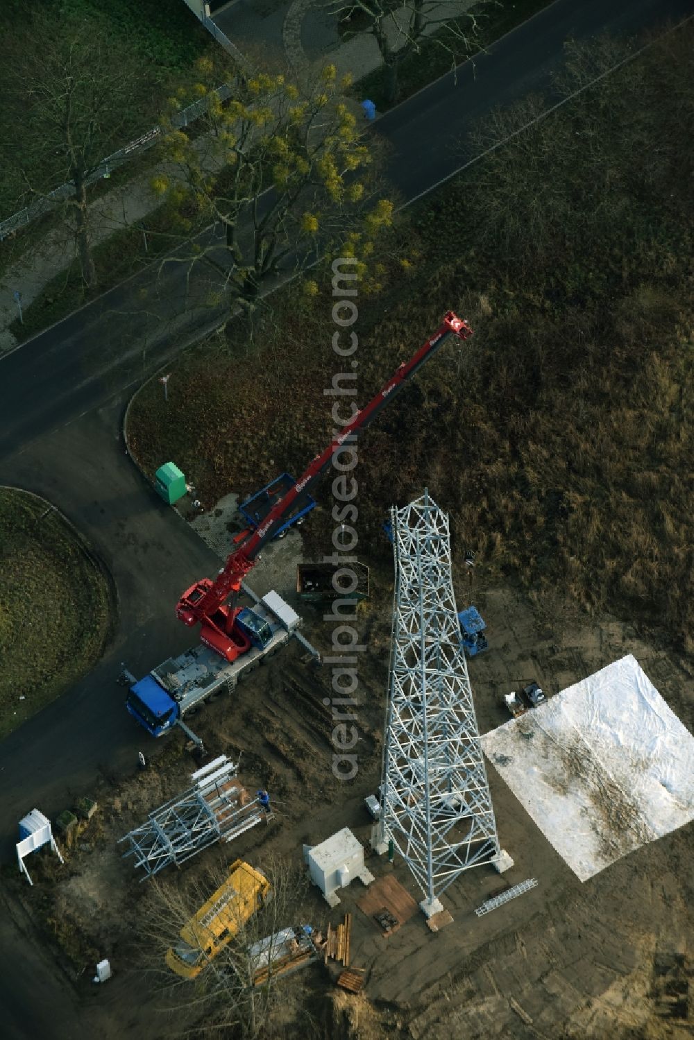 Werneuchen from the bird's eye view: Construction on electric pole installation in Werneuchen in the state Brandenburg