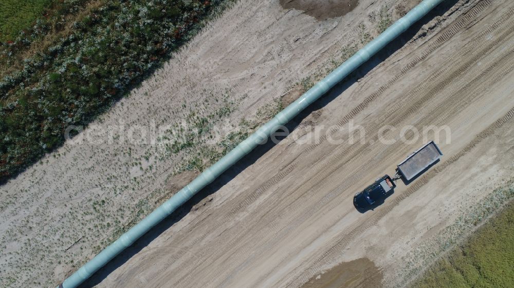 Aerial image Stolpe an der Peene - Construction site with earthworks and landfills for the laying of pipelines of the Eugal gas pipeline in Stolpe an der Peene in the state Mecklenburg - Western Pomerania, Germany