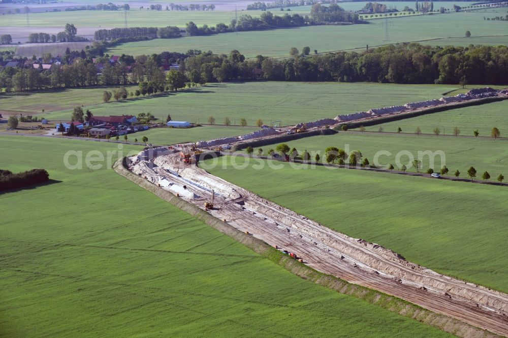 Aerial photograph Gersdorf - Construction site with earthworks and landfills for the laying of pipelines of the new European Gas Lines (Eugal) on fields in Gross Koeris in the state Brandenburg, Germany