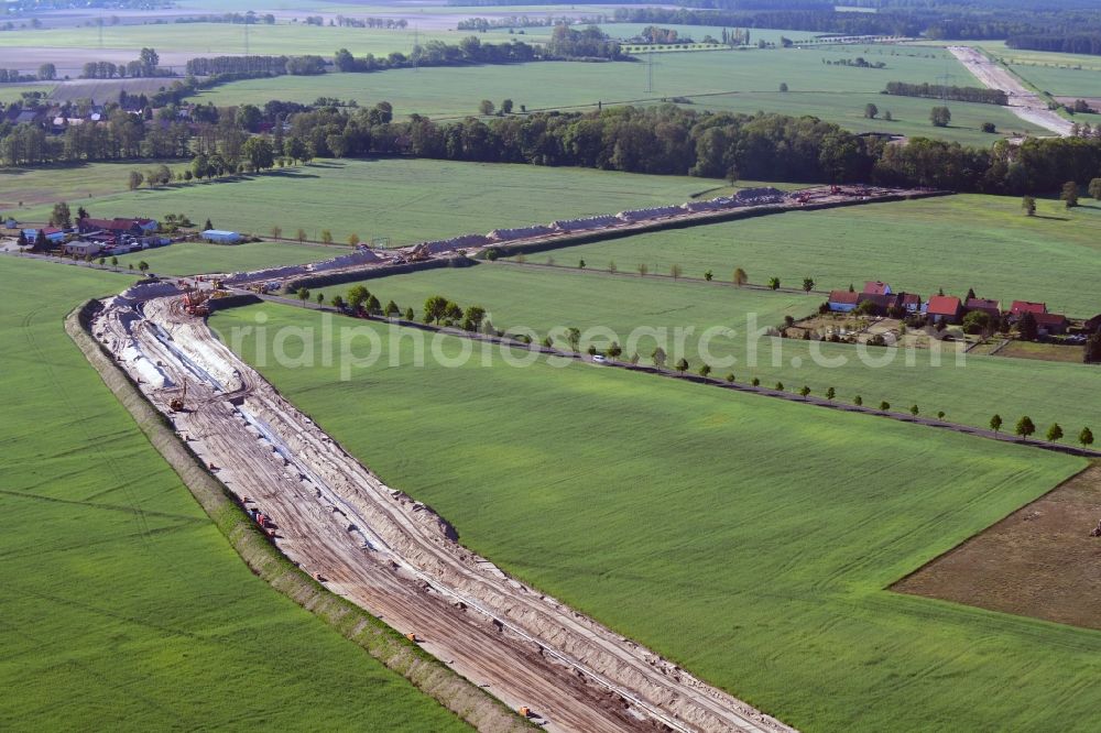 Gersdorf from above - Construction site with earthworks and landfills for the laying of pipelines of the new European Gas Lines (Eugal) on fields in Gross Koeris in the state Brandenburg, Germany