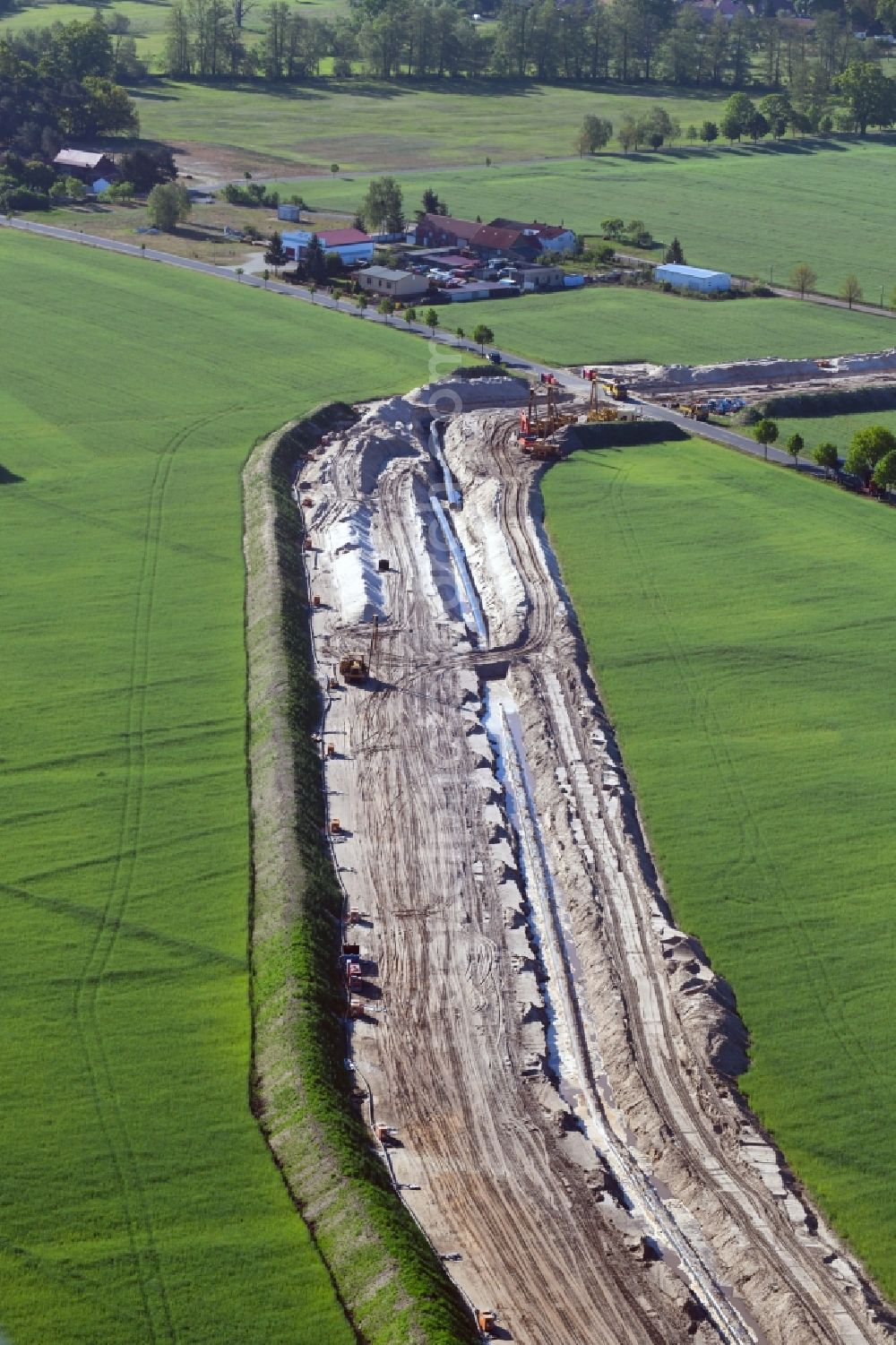 Aerial image Gersdorf - Construction site with earthworks and landfills for the laying of pipelines of the new European Gas Lines (Eugal) on fields in Gross Koeris in the state Brandenburg, Germany