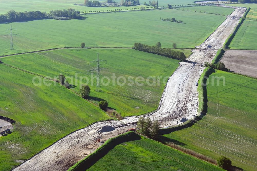 Gersdorf from above - Construction site with earthworks and landfills for the laying of pipelines of the new European Gas Lines (Eugal) on fields in Gross Koeris in the state Brandenburg, Germany