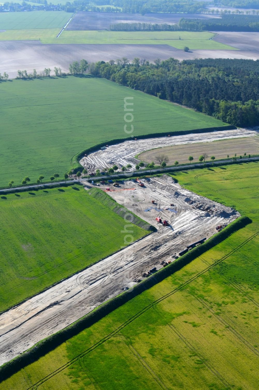 Aerial image Golßen - Construction site with earthworks and landfills for the laying of pipelines of the new European Gas Lines (Eugal) on a field near Gross Koeris in the state Brandenburg, Germany