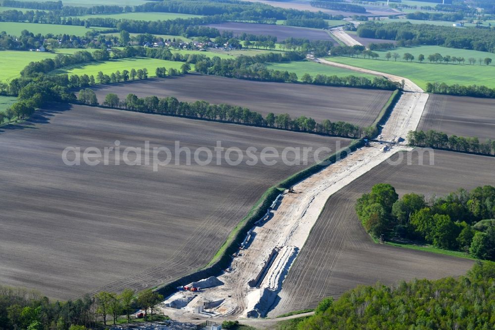 Golßen from above - Construction site with earthworks and landfills for the laying of pipelines of the new European Gas Lines (Eugal) on a field near Gross Koeris in the state Brandenburg, Germany