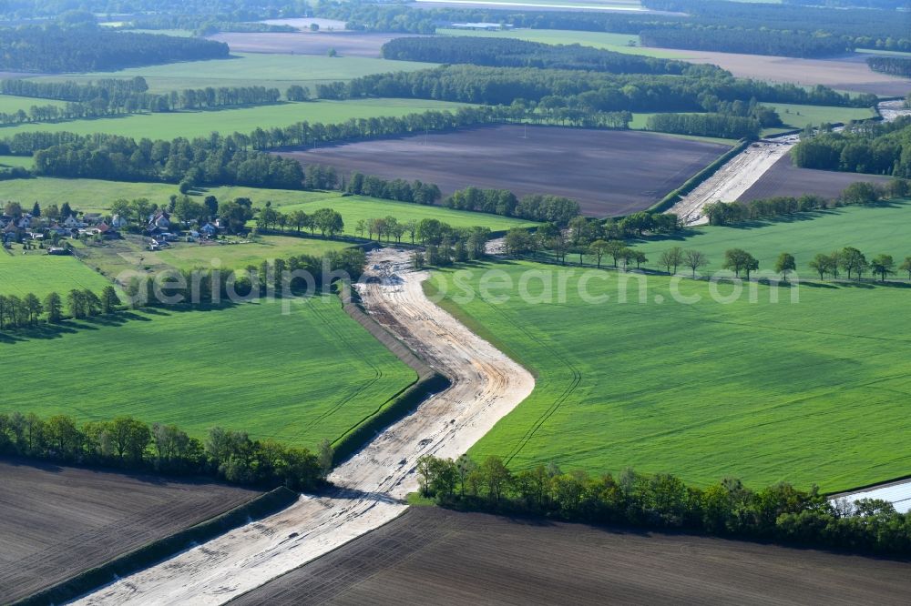 Aerial image Golßen - Construction site with earthworks and landfills for the laying of pipelines of the new European Gas Lines (Eugal) on a field near Gross Koeris in the state Brandenburg, Germany